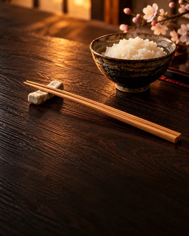 Paire de baguettes japonaises en bois naturel sur un repose-baguette