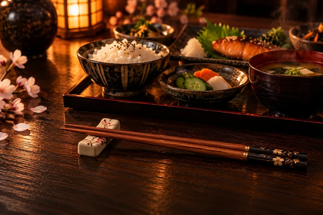 Baguettes japonaises posées sur un repose-baguette hashioki