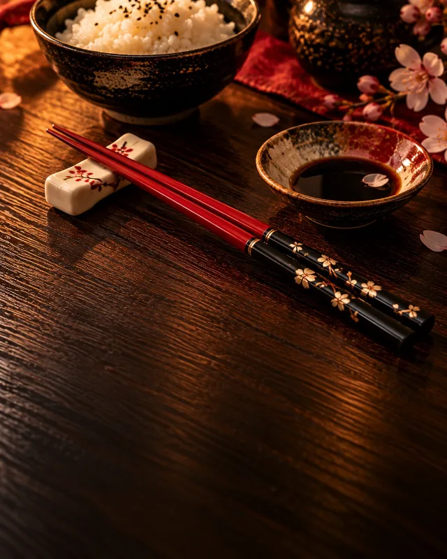 Baguettes japonaises laquées rouge et noir à motif de fleurs