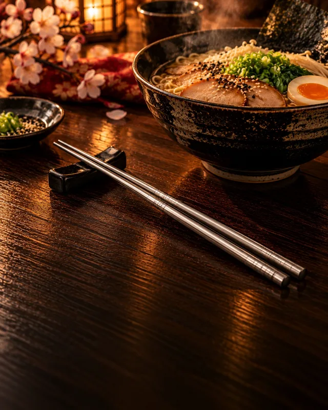 Baguettes japonaises en métal à côté d'un bol de ramen