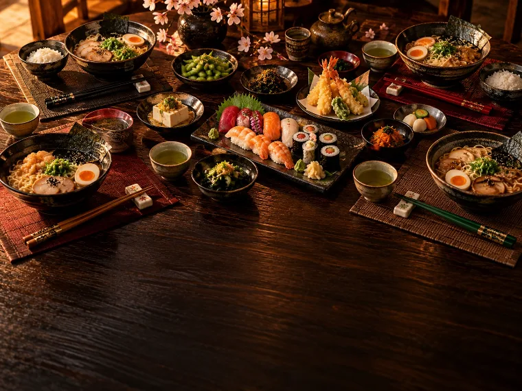 Table familiale japonaise avec plusieurs paires de baguettes