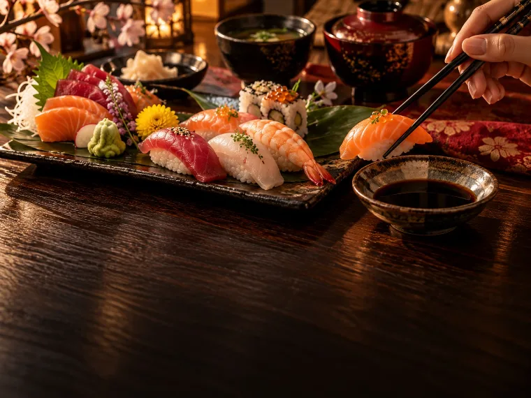 Sushis saisis avec des baguettes japonaises laquées