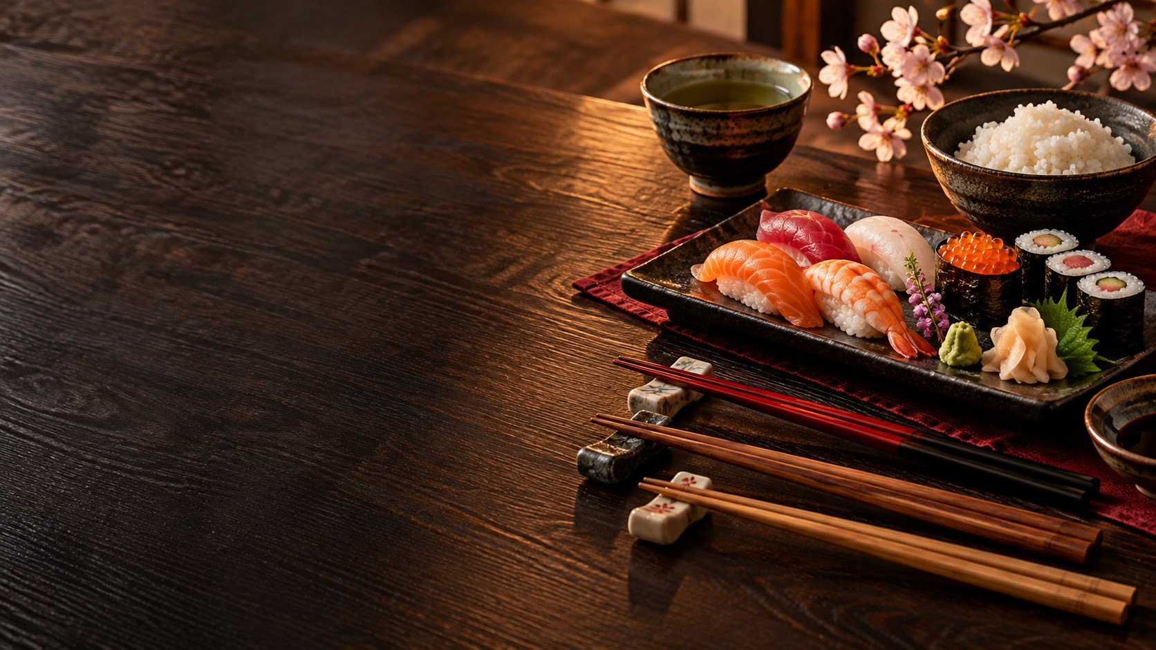 Baguettes japonaises laquées, en bois et en bambou sur une table de sushis
