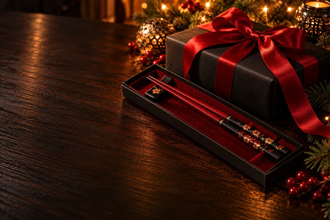 Paquet cadeau et étui de baguettes japonaises laquées